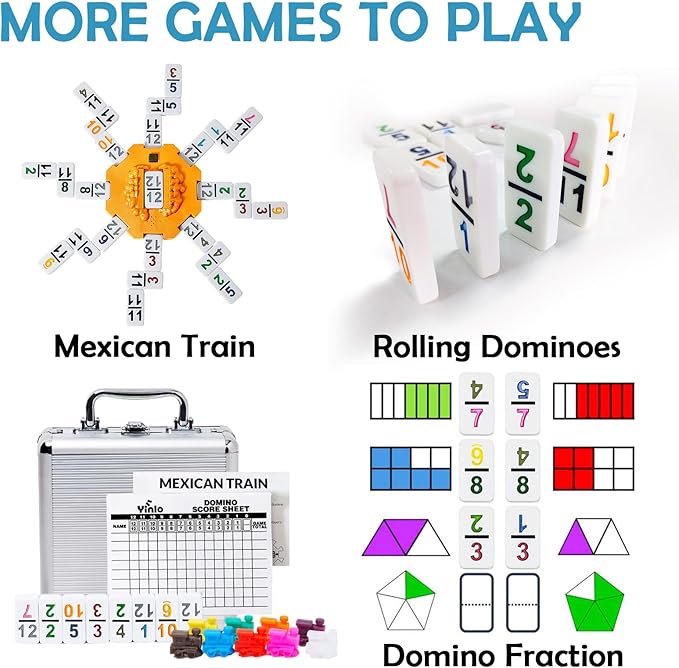 Yinlo Mexican Train Domino Set with Sound Effect, Dominoes Set for Travel, 91 Tiles Double 12 Colored Dominoes Travel Game Set with Aluminum Case（Adult Edition