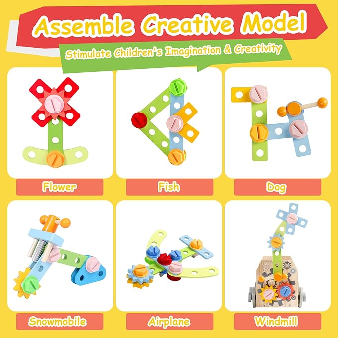 Kids Tool Set, Wooden Toddler Tools Bench Toys for 2 3 Year Old Boys Girls, Montessori Toys for Ages 2-4 STEM Educational Construction Toys for 3 4 5 Year Old Birthday Gift for Toddlers (52 PCS)