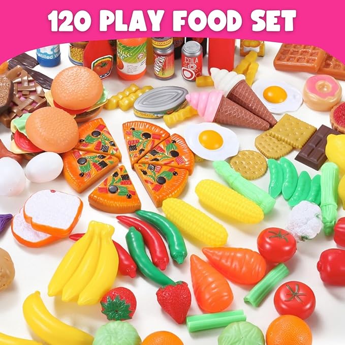 170 PCS Pretend Play Food Toys for Kids Play Kitchen - BPA-Free Mini Kitchen Accessories and Plastic Fake Food Toys with Veggies, Fruits, Pizza - Imaginative Play Set for Toddlers, Boys, Girls