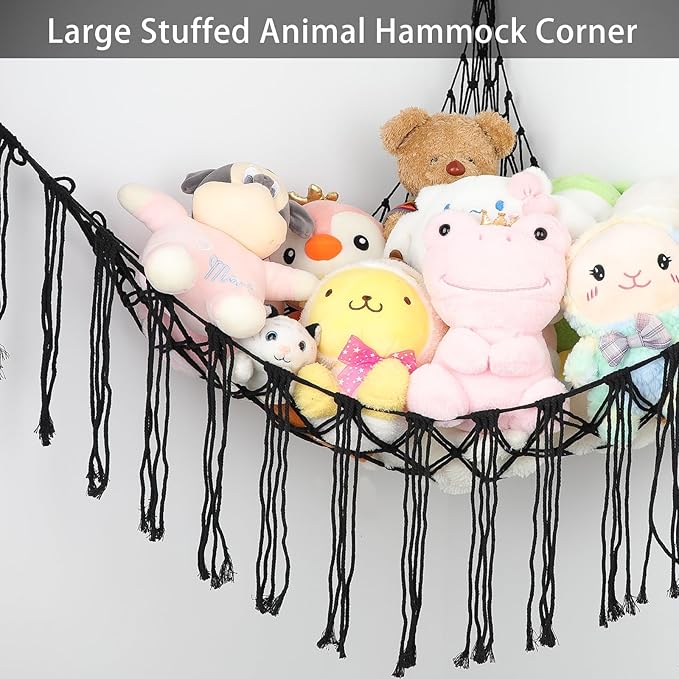 Boho Stuffed Animals Net or Hammock Large,55 inch Toy Hammock Macrame Stuff Animal Storage Corner Hanging Net Holder,Mesh Hammock Plush Toy Organizer with Hooks for Bedroom,Nursery (Black)