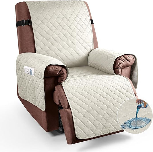 KinCam 100% Waterproof Recliner Chair Cover, Reclining Couch Covers for Pets, Dogs, Recliner Couch Slipcover Furniture Protector with Elastic Straps for Kids(23.6", Ivory)