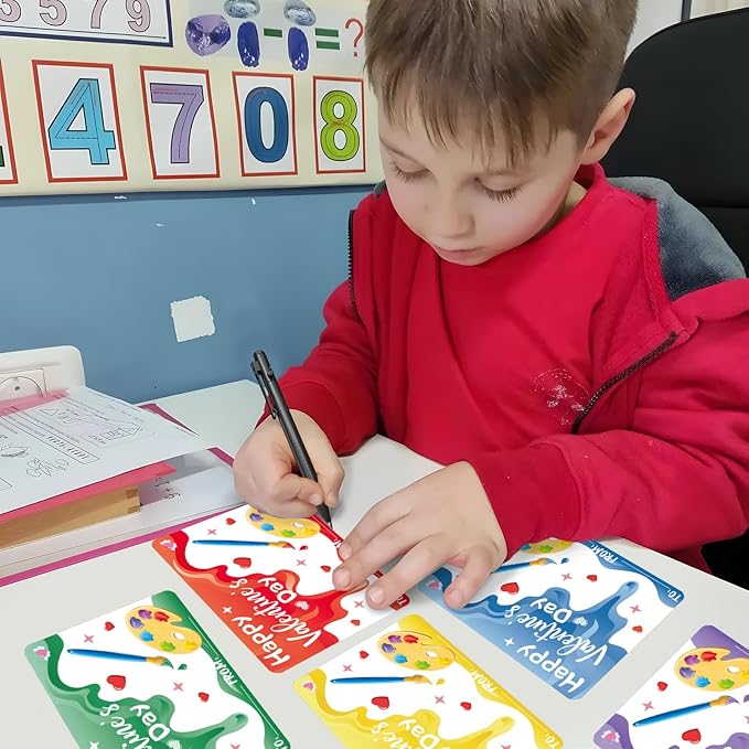 24 Pcs Easel Valentines Day Cards for Kids School with Mini Watercolor Paint Sets for Classroom Exchange, Valentines Gifts Party Favors for Boys Girls