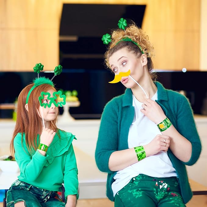 48pcs St. Patrick's Day Slap Bracelets, Lucky Shamrock Kids Snap Wristbands Toys for Irish St. Patty Party Supply