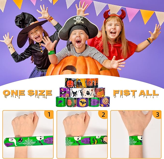 48pcs Halloween Slap Bracelets,Assorted Snap Bracelet Pumpkin Witch Wristbands for Kids Trick or Treat Halloween Party Favors Supply