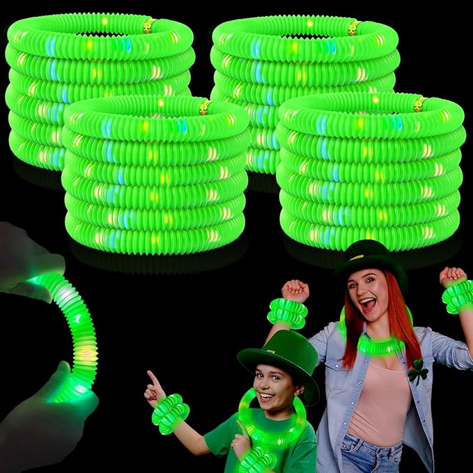 24 PCS Green Glow Sticks St Patricks Day Party Favors for Kids, LED Light up Pop Tubes for Toddlers, Neon Necklaces Bracelets Accessories, Glow Birthday Dance Wedding Mardi Gras Party Supplies