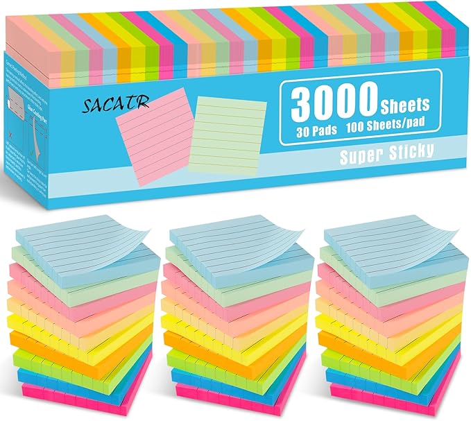 30 Pads Lined Sticky Notes, Sticky Note Pads 3x3 inches, 10 Bright Color Sticky Notes with Lines Self-Stick Note Pads, Perfect for Office Home School(100 Sheet/Pad)