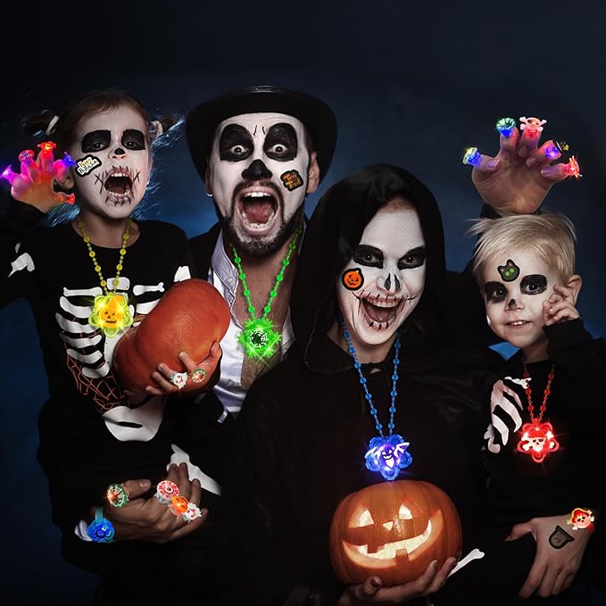 84 PCS Halloween Party Favors for Kids, Halloween Glow in the Dark Toys Rotating Spin Light Up Necklaces LED Rings Bracelets Decorations, Halloween Trick or Treats Goodie Bag Fillers Party Supplies