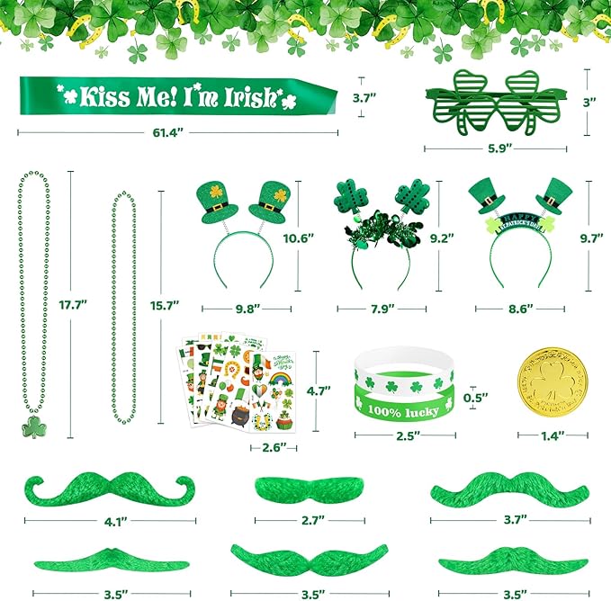 180Pcs St. Patrick's Day Accessories Party Favor Set, Tattoo Stickers, Necklaces, Bracelets, Shamrock Glasses, Headbands, Mustaches, Coins and Kiss Me I'm Irish Sash for Irish Party Supplies