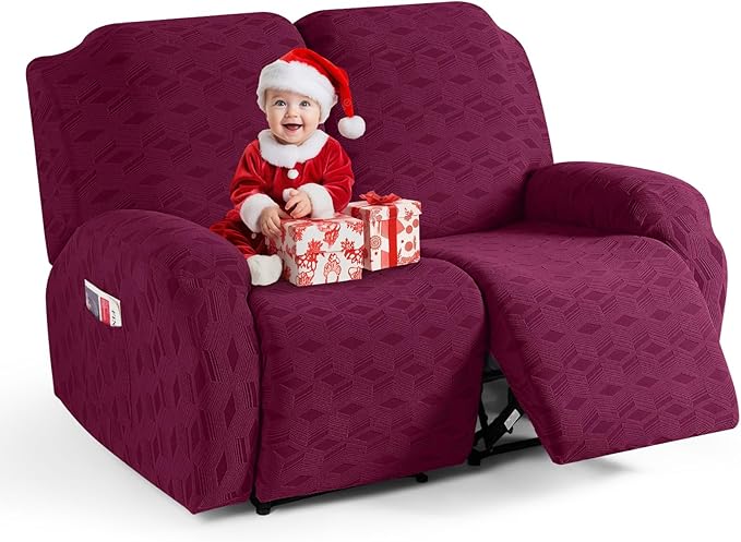 TAOCOCO Recliner Loveseat Cover, Stretch Jacquard Reclining Loveseat Cover Furniture Protector Sofa Slipcovers 2 Seat Recliner Covers with Elastic Bottom for Kids, Pets (Burgundy)