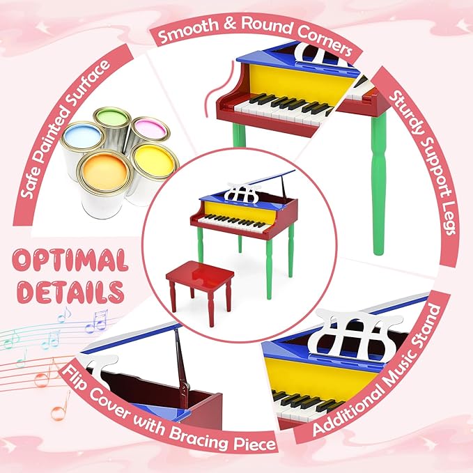 Goplus 30-Key Classical Kids Piano, Mini Grand Piano Wooden Learn-to-Play Musical Instrument Toy with Bench, Piano Lid, Music Rack, Gift for Boys Girls Aged 3+ Baby Toddler (4 Straight Leg-Colorful)