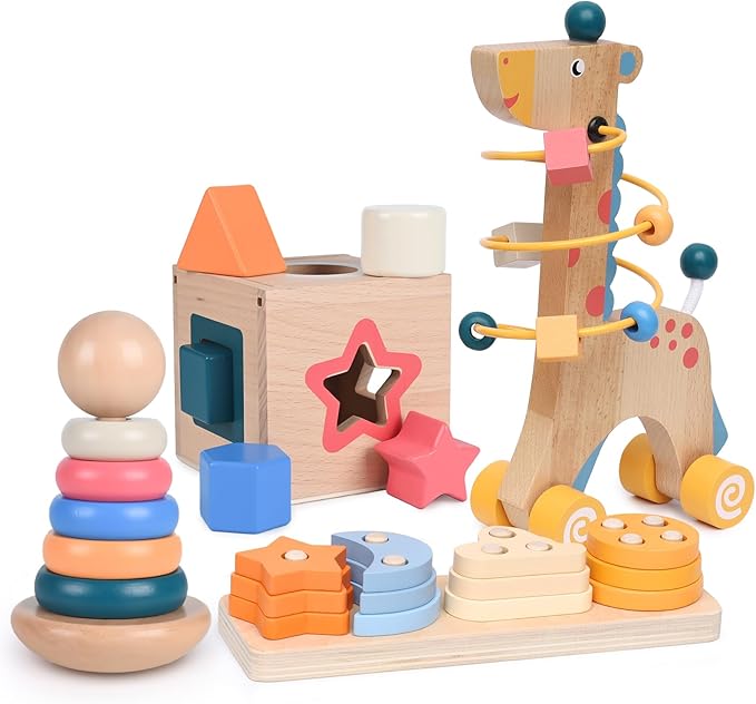 4-in-1 Wooden Montessori Toys for 3+ Year Old - Educational Sensory Toys for Toddlers Aged 3+, Baby Learning Toys for Boys and Girls, Christmas Birthday Gifts