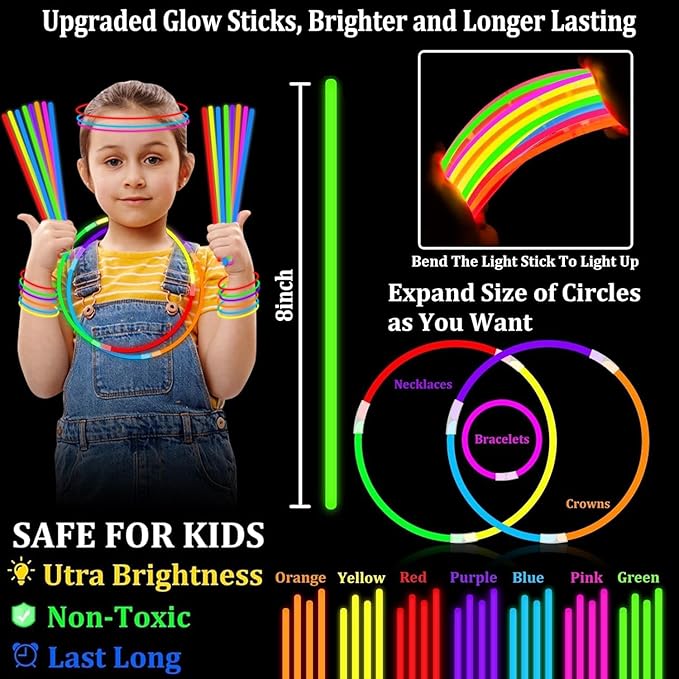 500 Pack Glow Sticks Bulk Party Supplies Glow In The Dark Party Favors Glow Sticks Necklaces Bracelets with Connectors 8" Glowsticks Light Up Toys Neon Birthday Decorations Football Party Supplies