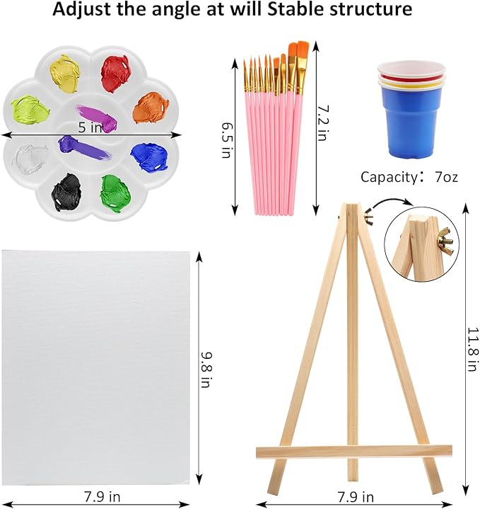 217 Pcs Art Painting Kit Supplies Set for Kids to Party - 120 Paint Brushes, 24 Acrylic Paints, 12 Wood Easels & Canvas Panels & Palettes & Aprons & Wash Pen Cup, 1 Plastic Tablecloth