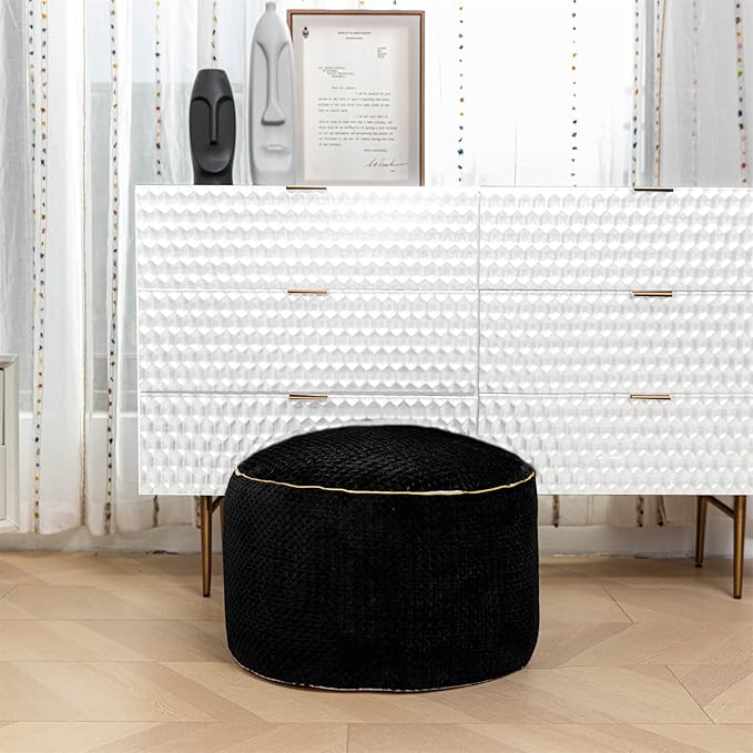 Round Stuffed Pouf Ottoman 20x20x12 Inches Faux Fur Ottoman Foot Rest Under Desk Foot Stool Great for Living Room Bedroom Small Furniture (Black)