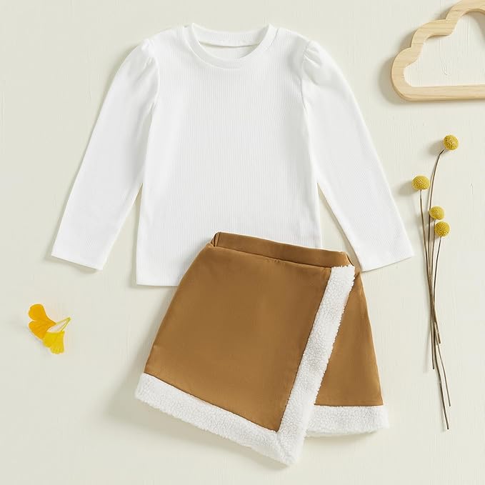 Fernvia Toddler Baby Girl Fall Winter Skirt Set Turtleneck Ribbed Long Sleeve T-Shirt Top & Plaid Skirts Dress 2Pcs Outfits