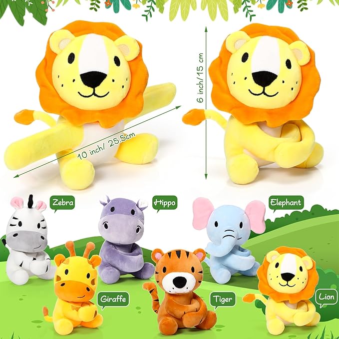 Aoriher 6 Pcs Stuffed Forest Animal Slap Bracelets Bulk 6 Inch Jungle Animals Plush Slap Bracelets Cute Stuffed Animal Slap Bracelets Gifts for Valentine Birthday Baby Shower Party Favor Decorations