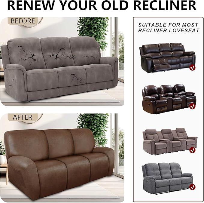Recliner Couch Cover Leather Look Recliner Sofa Covers for 3 Cushion Reclining Sofa Slipcovers 8-Pieces Furniture Protector Spandex Fabric Washable (3 Seater, 01 Brown)