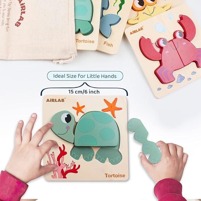 Wooden Puzzles for Toddlers Ocean Animals Montessori Toys Year Old Baby Girl Boy Gifts Educational Learning Bright Color Chunky Shape Puzzle Pack of 4