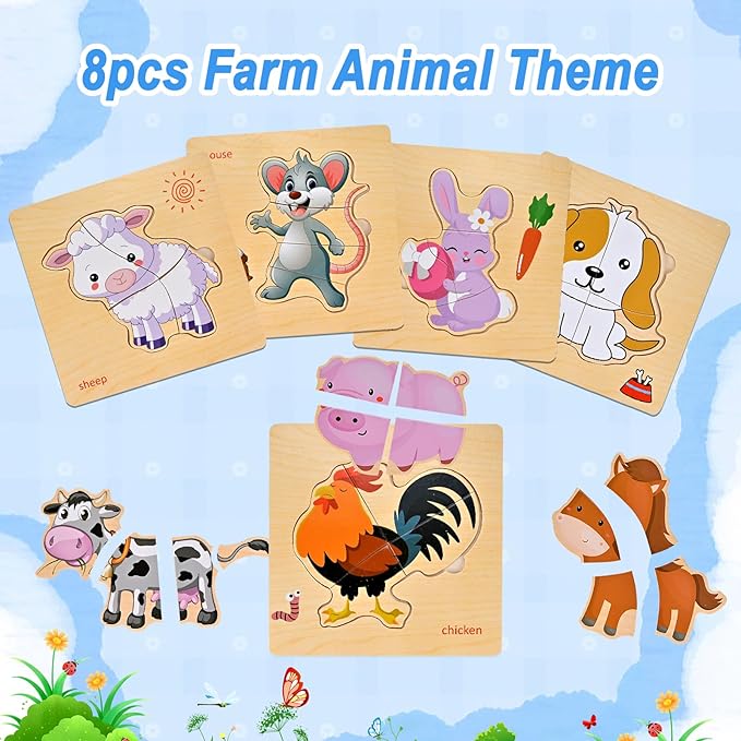 8pcs Wooden Puzzles for Toddlers 1 2 3 4, Toddler Puzzles Ages 1 2 3 4, Montessori Educational Jigsaw Toys Puzzles Christmas Birthday Gift for Kids Girl Boy 1-4 Year Old (Farm Animal)