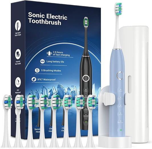 Rtauys Sonic Electric Toothbrush for Adults with 8 Brush Heads, IPX7 Travel Electric Toothbrush with Travel Case, 2.5 Hours Charge for 120 Days, 5 Modes with 2 Minutes Built in Smart Timer Light Blue