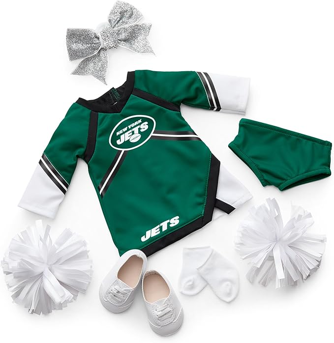 American Girl New York Jets Cheer Uniform 18 inch Doll Clothes with Pom Poms, Green and Black, 5 pcs, Ages 6+