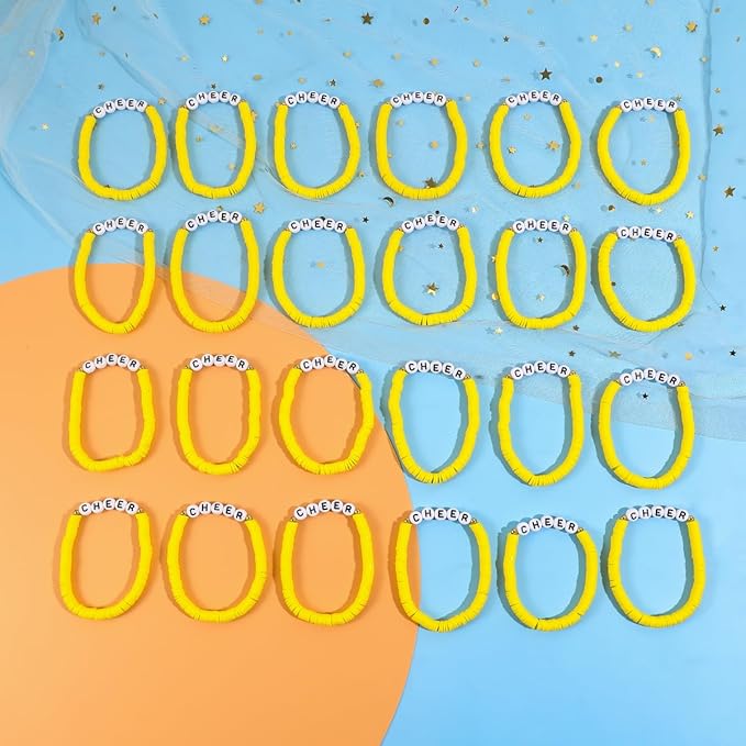 24 Pcs Cheerleader Gifts for Girls Handmade Friendship Bracelets for Teen Girls Stretch Cheer Bracelets Y2k Cheer Stuff Stackable Clay Bead Bracelets Bulk Teens Birthday Christmas Party Favors