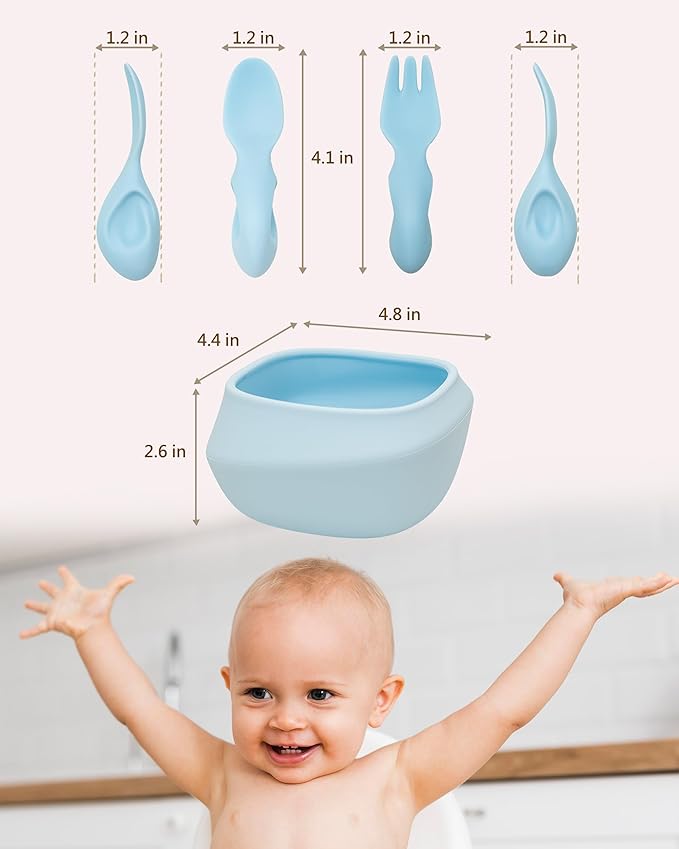 Toddler Utensils Set Ergonomic Fork and Spoon and Bowl Set Non-Slip Design for baby 12+ Month Self-Feeding Olds BPA Free Silicone Microwave and Dishwasher Safe Fine Motor Skills (Blue)