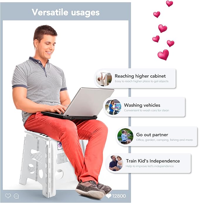 Delxo 13" Folding Step Stool for Kids and Adults, Non-Slip Foldable Step Stools with Handle,Plastic Portable Folding Stool for Bathroom,Bedroom,Kitchen,Hold up to 300lbs White