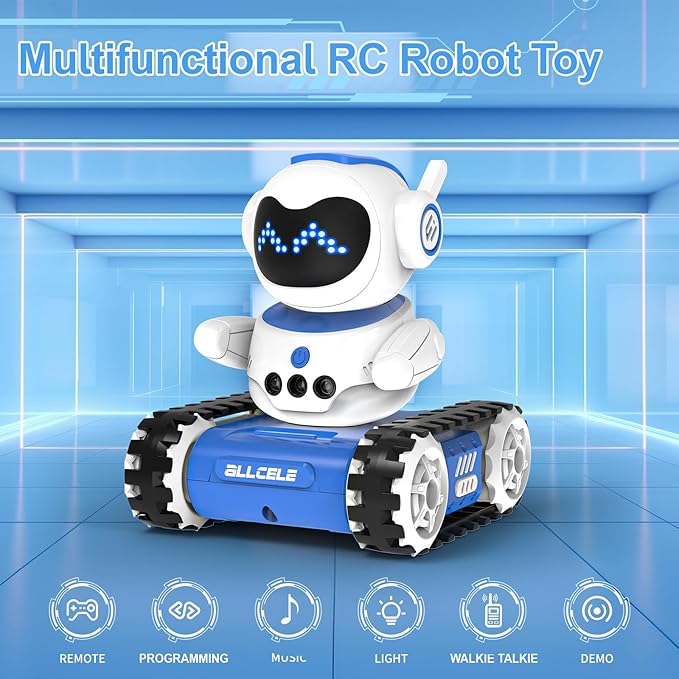 ALLCELE Robot Toy, LED RC Robot Toys, RC Robot for Boys and Girls with Walkie Talkie, Programming, Music, Demo and LED Function, Remote Control Robot Toy, Gift for Kids 3-8 Years Old Blue White