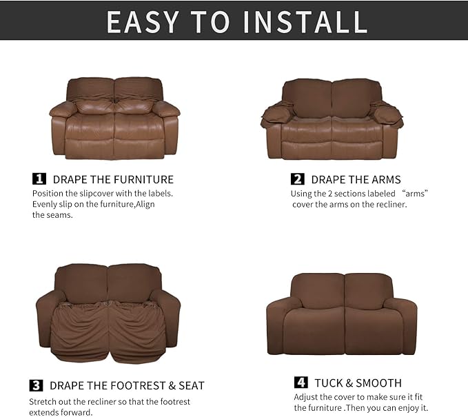 Easy-Going 6 Pieces Microfiber Stretch Sectional Recliner Sofa Slipcover Soft Fitted Fleece 2 Seats Couch Cover Washable Furniture Protector with Elasticity for Kids(Recliner Loveseat, Brown)