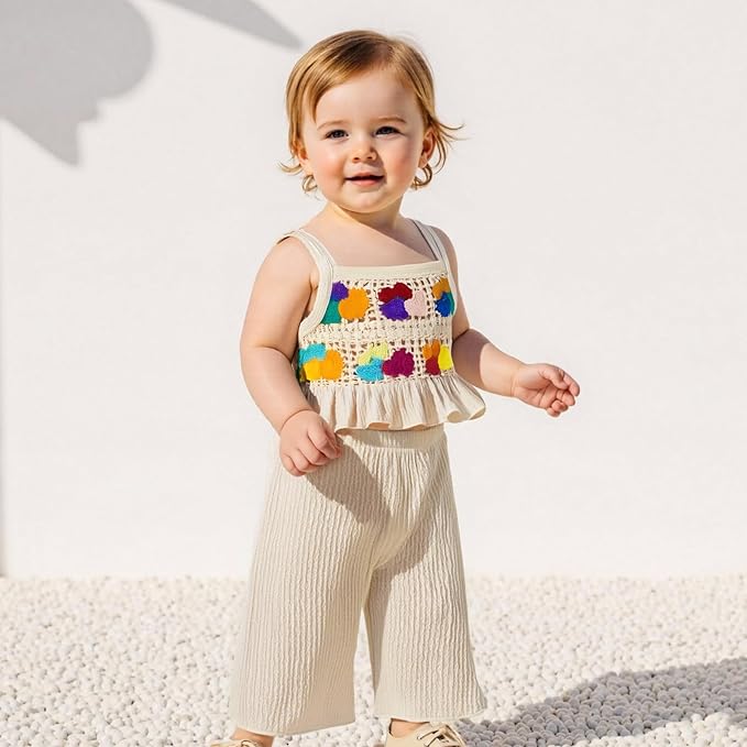 6M-5T Little Girl Clothes Boho Outfit Straps Hearts Shirts Cami Tank Tops Wide Leg Pants Baby Girl Summer Clothes