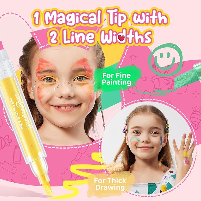 Kids Makeup Kit Washable Face Paint Kit, Girls Makeup Kits for Ages 4-12 Years, Body Face Marker Painting Pens Tattoos for Skin Temporary Toys Craft Kit, Toddler Toy Make Up Cosmetic Winter Gift