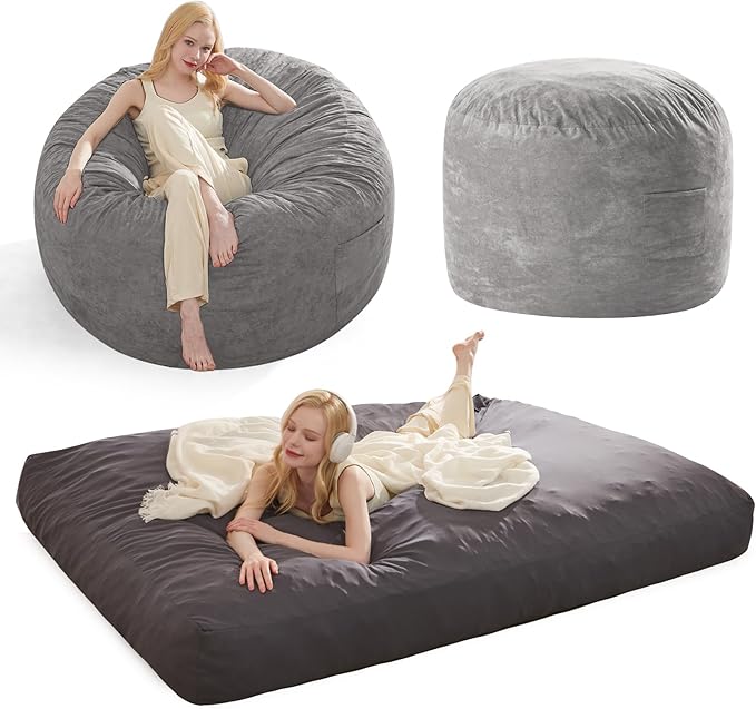 Bean Bag Chairs for Adults Kids Teens Convertible Chair Mattress, Bean Bags Chair with Removable Suede Cover, Sleeper Chair That Turns into Mattress, Full, Light Grey