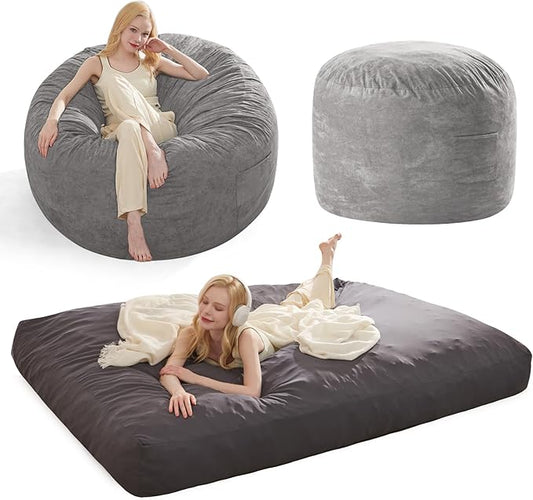 Bean Bag Chairs for Adults Kids Teens Convertible Chair Mattress, Bean Bags Chair with Removable Suede Cover, Sleeper Chair That Turns into Mattress, Full, Light Grey