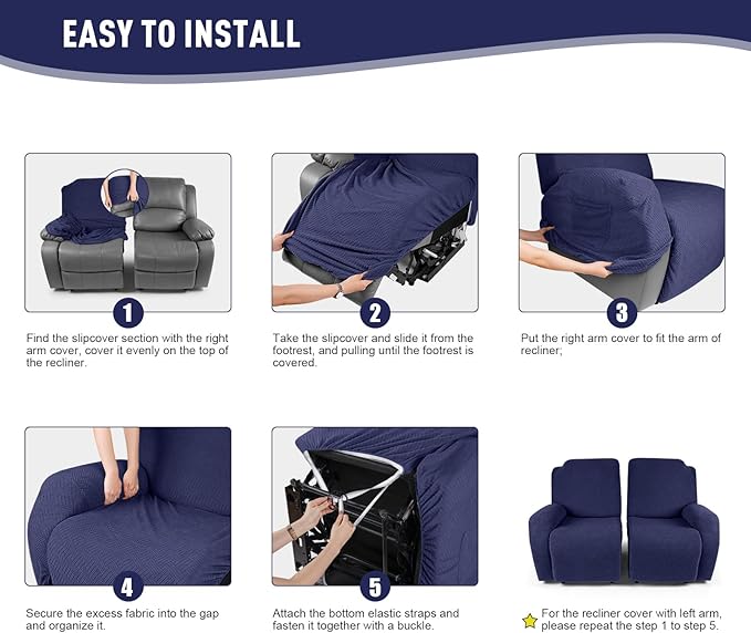 KinCam Recliner Covers, Stretch Reclining Chair Covers, Recliner Sofa Slipcovers Stripe Jacquard Recliner Couch Covers Furniture Protector Covers for Pet Kid (2 Seater, Dark Blue)