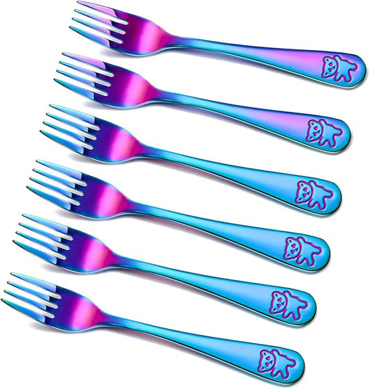 Minatee 6 Pieces Kids Forks Rainbow Kids Cutlery Set Safe Children Forks Stainless Steel Small Metal Self Feeding Children Silverware Utensil Set for Home and Preschools