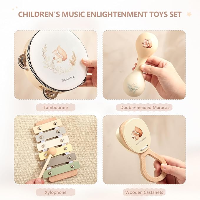 Toddler Musical Instruments | Baby Musical Toys Wooden Toys Educational Toys for Toddlers | Neutral Color Musical Instruments Set | Early Learning Music Toys for Boys Girls Gift