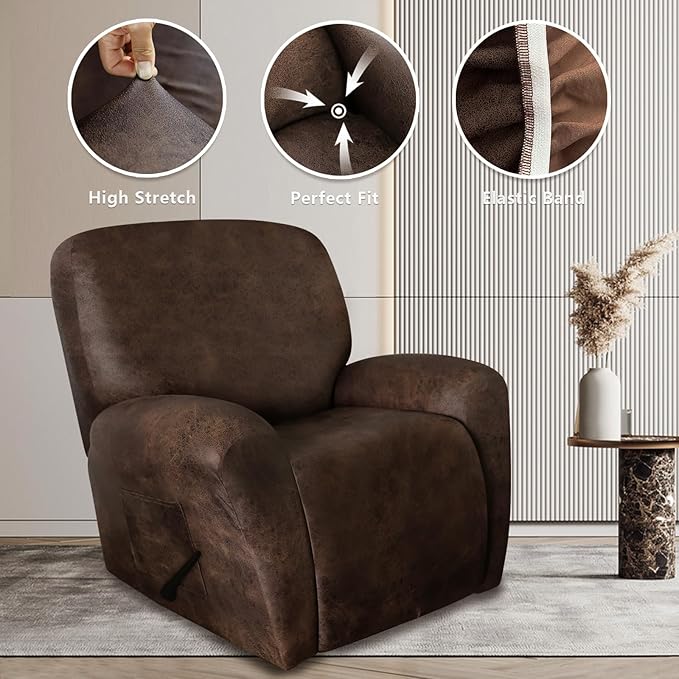 Leather Look Recliner Chair Covers Stay in Place 4-Piece Lazy Boy Recliner Slipcovers for Reclining Chair Furniture Protector Spandex Fabric Washable (Large, Dark Brown)