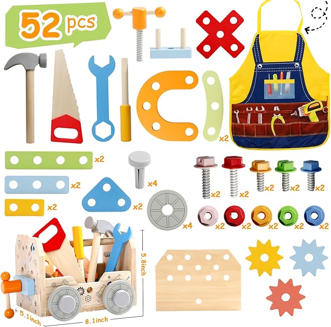 Kids Tool Set, Wooden Toddler Tools Bench Toys for 2 3 Year Old Boys Girls, Montessori Toys for Ages 2-4 STEM Educational Construction Toys for 3 4 5 Year Old Birthday Gift for Toddlers (52 PCS)