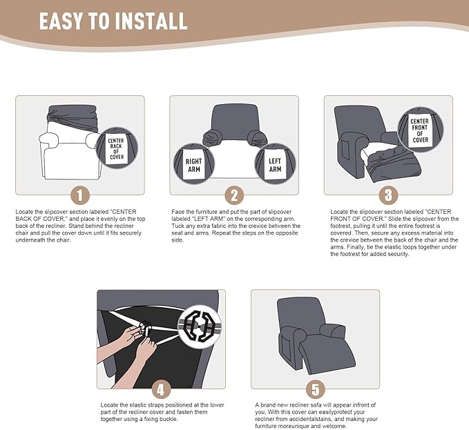 KinCam Recliner Covers, Stretch Reclining Chair Covers, Recliner Sofa Slipcovers Stripe Jacquard Recliner Couch Covers Furniture Protector Covers for Pet Kid (1 XL Seater, Cream)