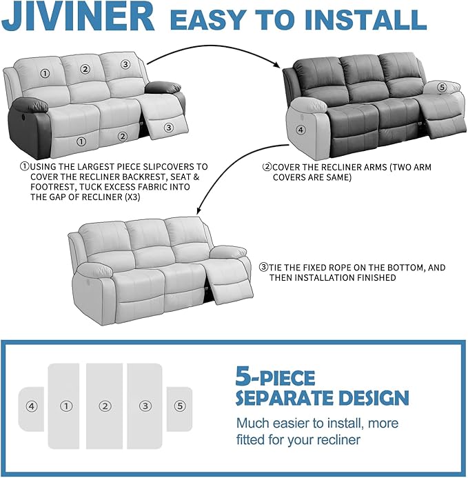 JIVINER 5 Pieces Recliner Sofa Covers Stretch Recliner Sofa Slipcover with Elastic Bottom Jacquard Fitted Reclining 3 Cushion Couch Cover Furniture Protector with Pockets (3 Seater, Navy Blue)