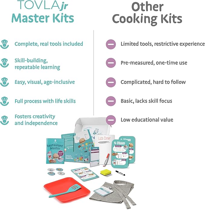 Tovla Jr. Ultimate Kids Real Restaurant-Making Set – Real Cooking Tools, STEM Activity for Ages 4+, Visual Learning Recipes and Menus, Great Gift for Aspiring Chefs