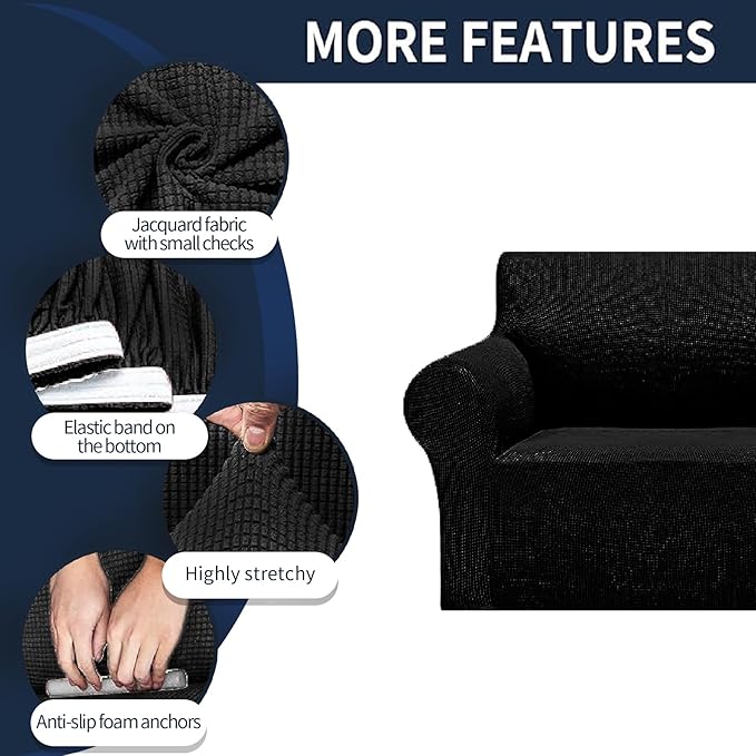 2025 New Stretch Sofa Slipcovers Couch Cover for 3 Cushion Furniture Protector Sofa Covers with Elastic Bottom Jacquard Fabric Small Checks for Pets, Kids -Sofa, Black