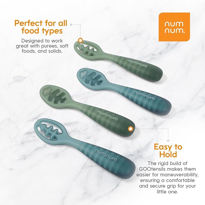 NumNum Baby Spoons Set, Pre-Spoon GOOtensils for Kids Aged 12+ Months - First Stage, Baby Led Weaning (BLW) Spoon - Self Feeding, Silicone Toddler Food Utensils - 1-Pack, 2 Spoons, Blue
