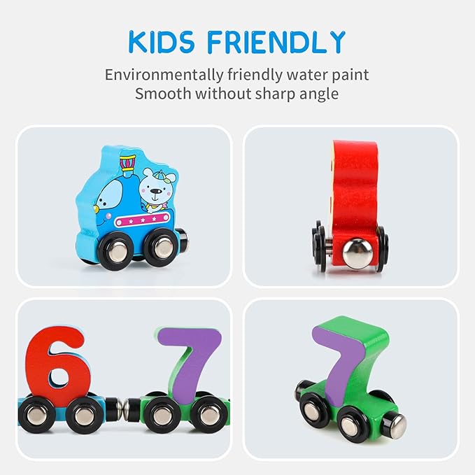 Wondertoys 27 PCS Wooden Train Set Toy Wooden Magnetic Number Train Set Includes 1 Engine Cars for Toddlers Boys and Girls, Compatible with Major Brands Train Set Tracks
