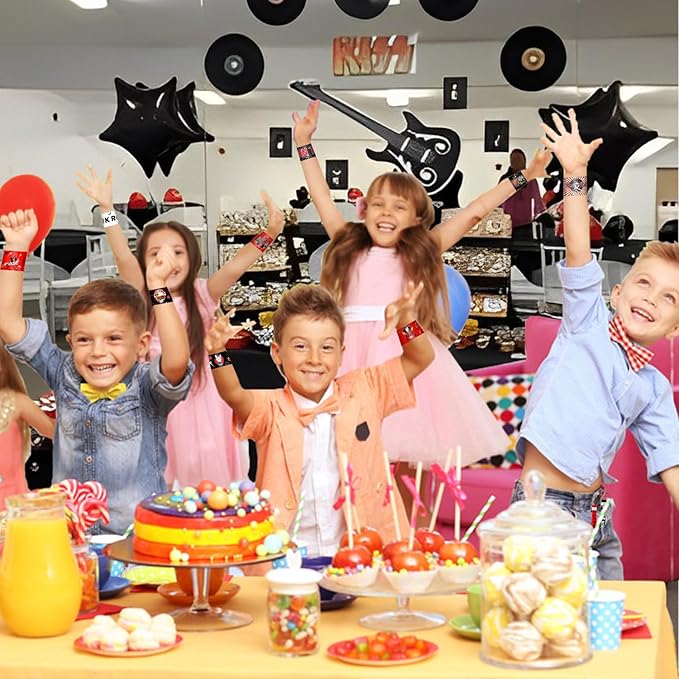 48PCS Rock and Roll Party Favors Slap Bracelets Wristbands Rock Star Party Decorations Supplies for 80s 90s Born to Rock Rock Fake Musician Guitar Rap Theme Party