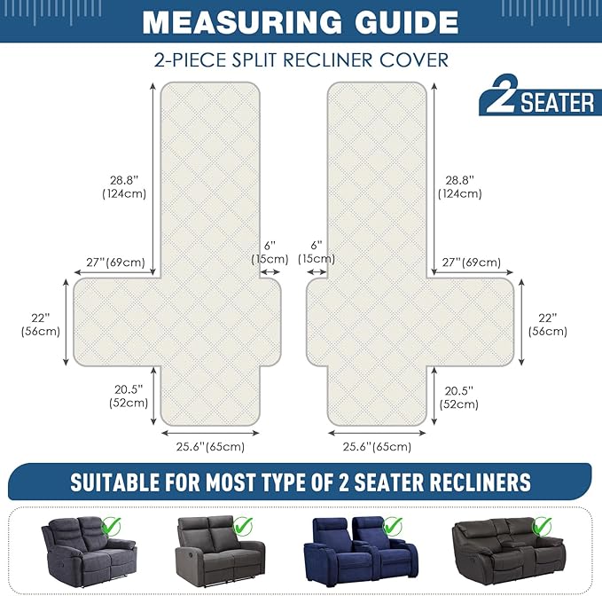 TAOCOCO 100% Waterproof Loveseat Recliner Cover with Anti Slip Backing, Split Loveseat Covers for Reclining Loveseat with Elastic Straps Furniture Protector for Kids Pets(2 Seater, Light Grey)