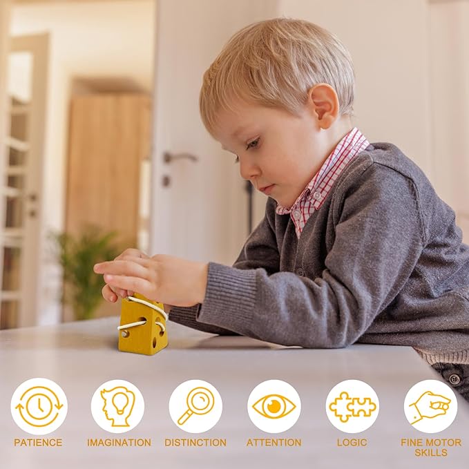 Sealive Early Development Toys Wooden Lacing Toys, Montessori Activity Kids Cheese Toys, Children Learning Educational Wood Block Puzzles Toy for Toddlers Boys Girls (Cheese)