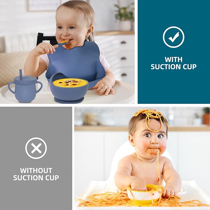 100% Silicone Baby Feeding Set,BPA Free Baby Dishes Set with Suction Bowl Divided Plate,Toddler Self Feeding Dish Set with Spoons Forks Sippy Cup and Bib, Baby Eating Utensils (Navy Blue)