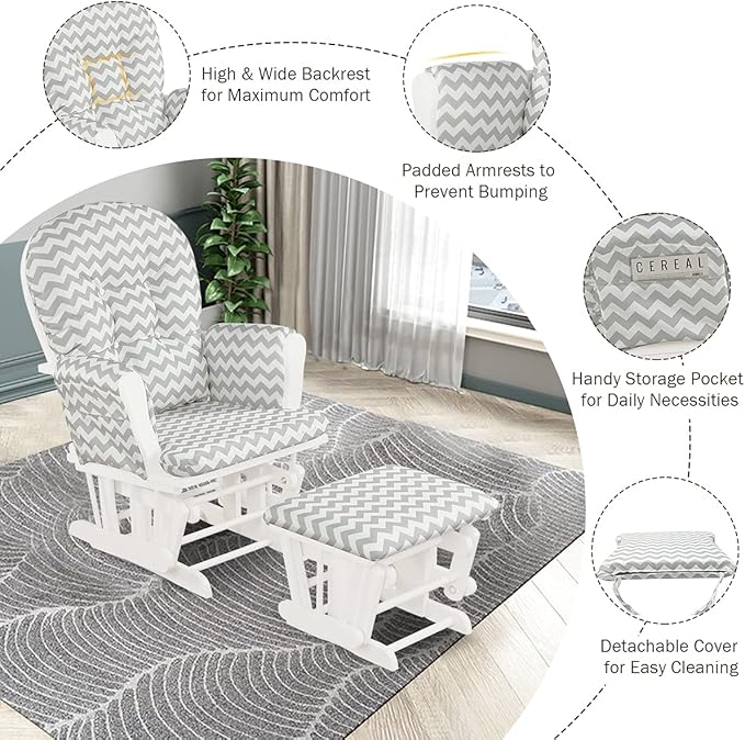 Costzon Nursery Glider with Ottoman, Upholstered Comfort Glider Rocker with Padded Cushion, Storage Pocket, Solid Wood Base, Rocking Chair Nursery for Breastfeeding, Maternity, Napping (Gray & White)